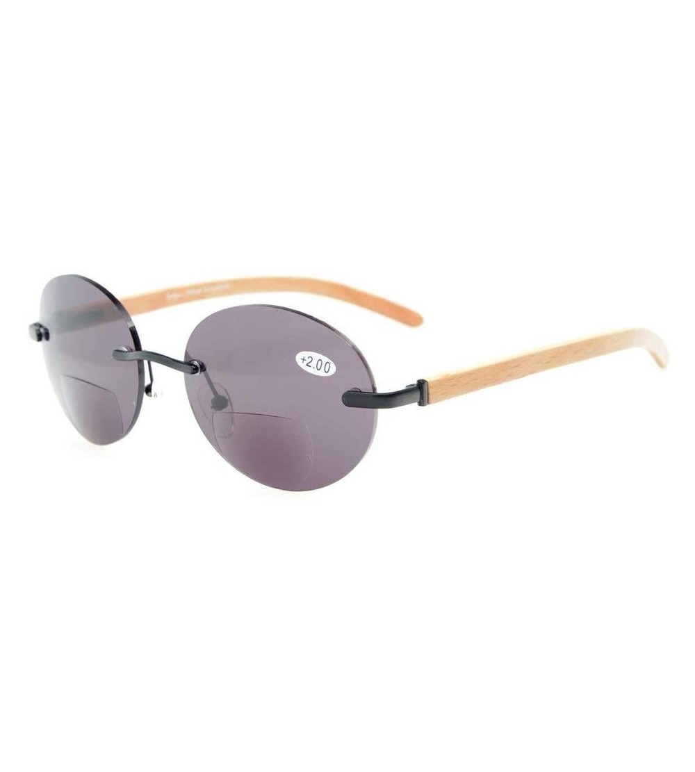 Rimless Spring Hinges Wood Arms Rimless Round Bifocal Sunglasses Black/Grey Lens +3.0 - Black/Grey Lens - CI18SHTNMA4 $23.99