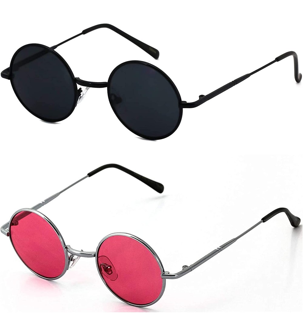 Round John Lennon Hipster Fashion Sunglasses Small Metal Round Circle Elton Style - Black and Pink - CK18I2W57TZ $26.34