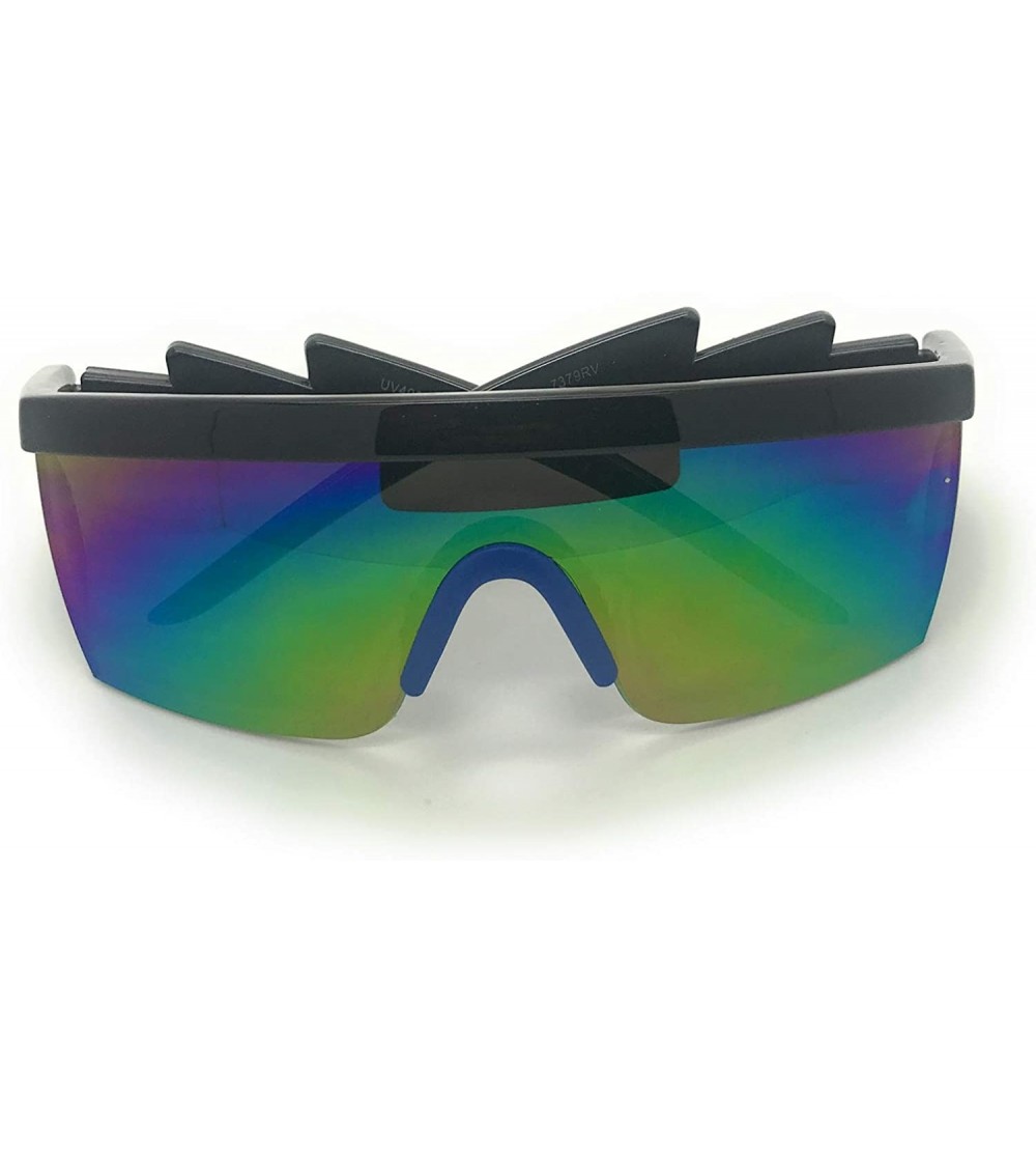 Wrap Retro Rainbow Mirrored Lens ZigZag Sunglasses 80's Neon Semi Rimless Style - Black/Blue - C818TY847ML $18.88