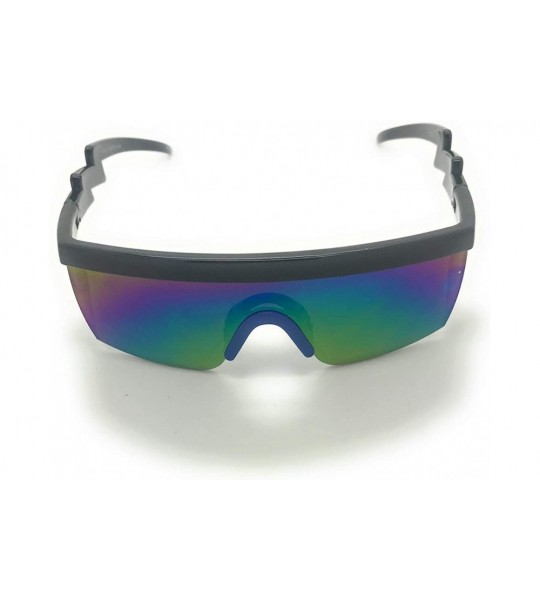 Wrap Retro Rainbow Mirrored Lens ZigZag Sunglasses 80's Neon Semi Rimless Style - Black/Blue - C818TY847ML $18.88