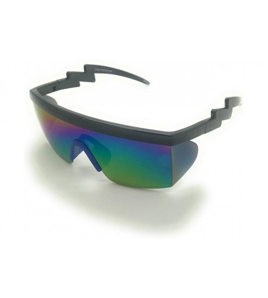 Wrap Retro Rainbow Mirrored Lens ZigZag Sunglasses 80's Neon Semi Rimless Style - Black/Blue - C818TY847ML $18.88