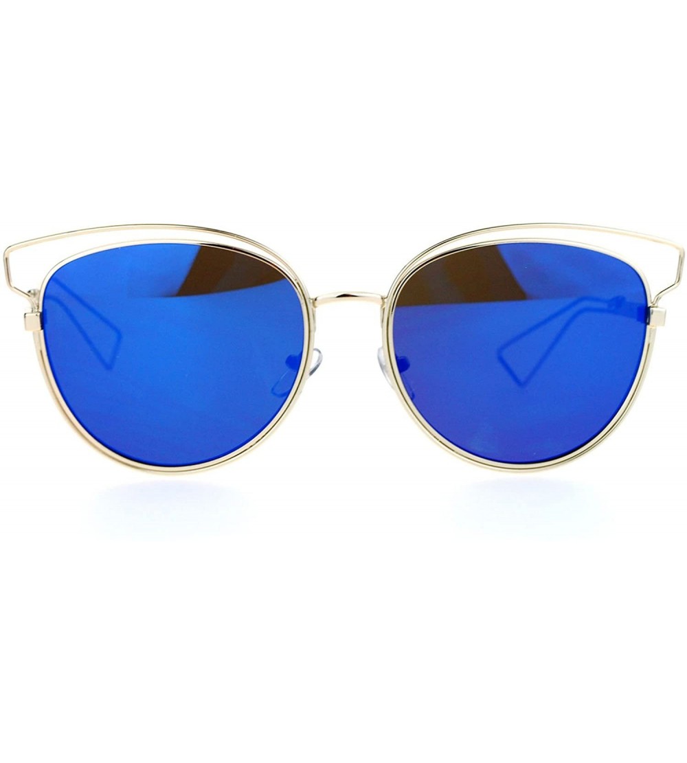 Butterfly Womens Sunglasses Thin Wire Metal Round Butterfly Fashion Flat Lens - Gold (Blue Mirror) - C91896KKH3Q $21.00