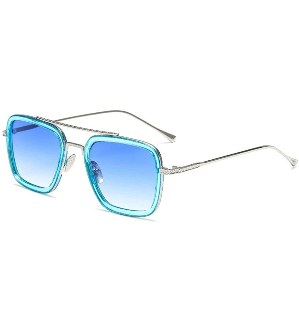 Square Ladies Fashion Trend Square Metal frame Glasses Brand Designer Men Double beam Sunglasses - Blue - CC18WIHIQ2G $24.34