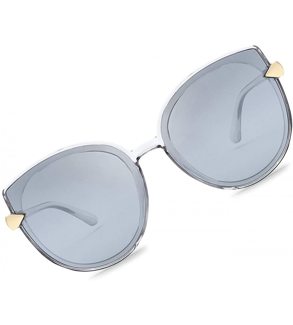 Oversized Retro Oversized Round Cat Eye Polarized Sunglasses for Women - Mirrored Lenses UV400 Protection - Mirrored Gray - C...