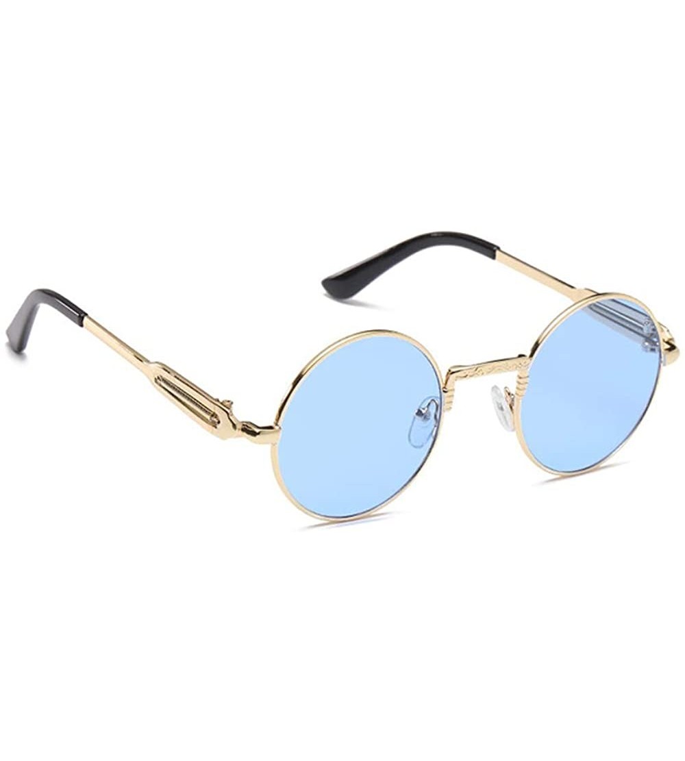 Round Unisex Glasses - UV400 Protection Round Vintage Steampunk Sunglasses - Gold Frame Blue Lens - C8190G38QE6 $19.63