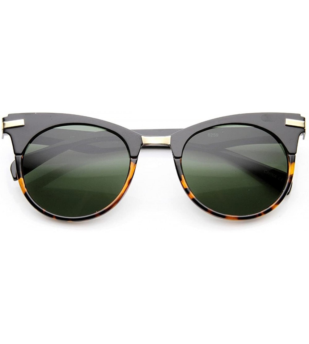 Semi-rimless Retro Mod Fashion High Temple Riveted Round Cat Eye Sunglasses - Black-tortoise Green - CB11YEJ6MM5 $22.39