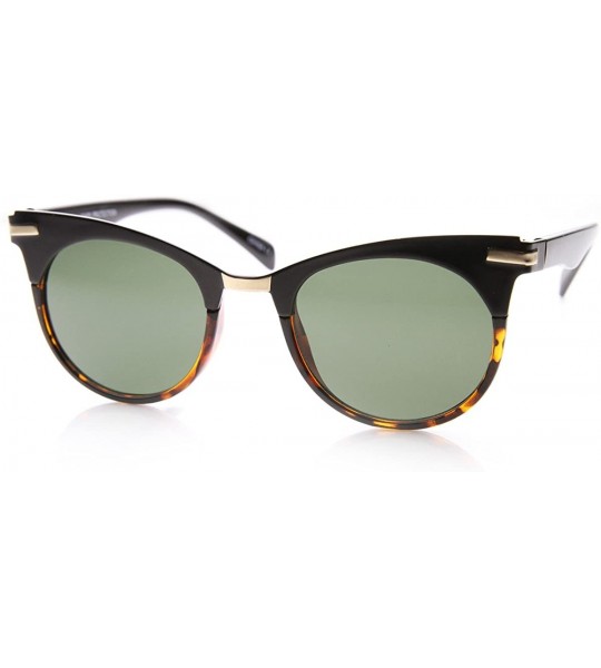 Semi-rimless Retro Mod Fashion High Temple Riveted Round Cat Eye Sunglasses - Black-tortoise Green - CB11YEJ6MM5 $22.39