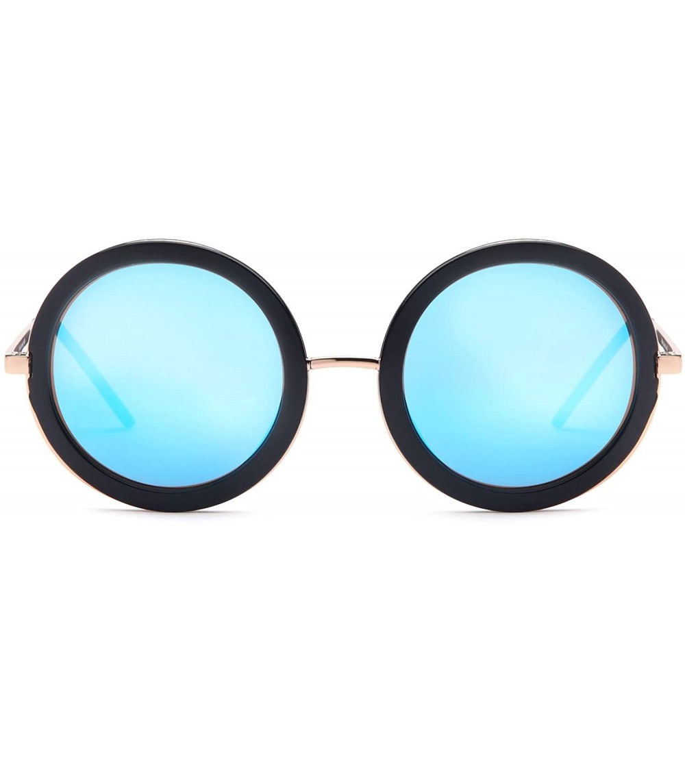 Round Womens UV400 Vintage Retro Sunglasses - Mirror Blue Lens on Gold & Black Frame - CQ183N4M75K $18.54
