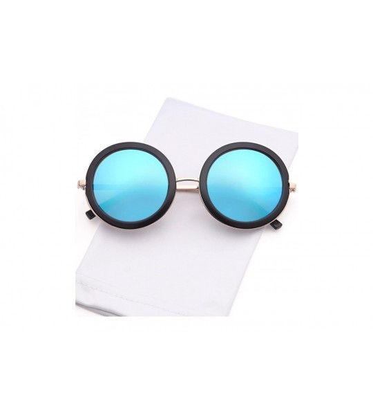 Round Womens UV400 Vintage Retro Sunglasses - Mirror Blue Lens on Gold & Black Frame - CQ183N4M75K $18.54