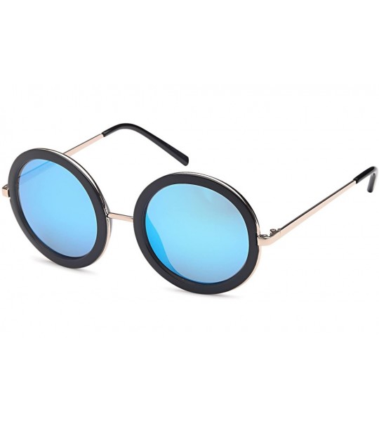 Round Womens UV400 Vintage Retro Sunglasses - Mirror Blue Lens on Gold & Black Frame - CQ183N4M75K $18.54