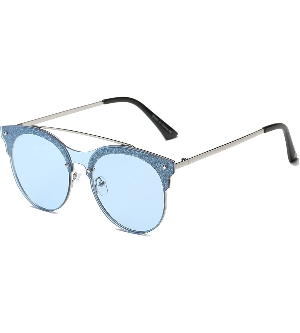 Oversized Women Brow-Bar Retro Circle Round Fashion Sunglasses - Blue - CP18IIL220D $19.40