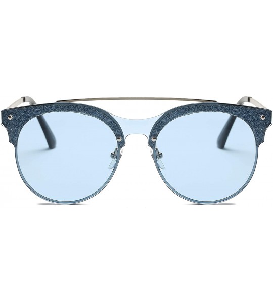 Oversized Women Brow-Bar Retro Circle Round Fashion Sunglasses - Blue - CP18IIL220D $19.40