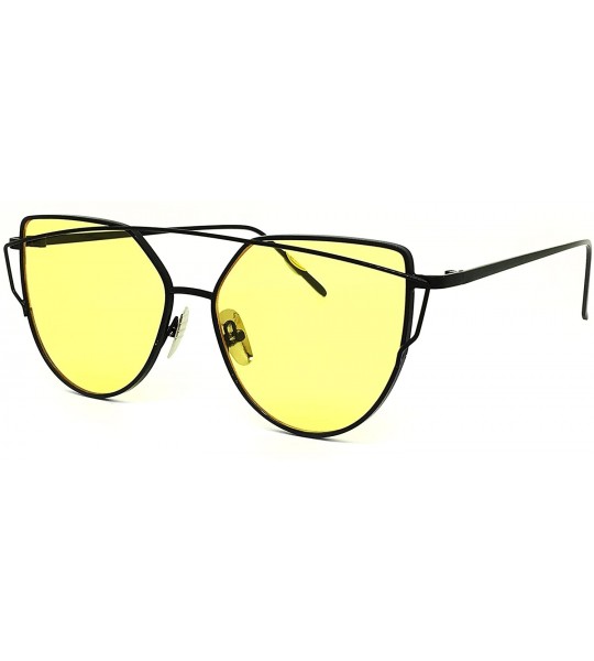 Oversized 842-1 Premium Oversized Cat Eye Tinted Flat Metal Frame Women Sunglasses - Black/Yellow - CO18O9HXN4Z $29.19