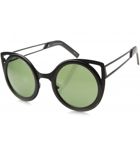 Round Futuristic Bold Frame Hollow Out Metal Accents Round Cat Eye Sunglasses 50mm - Black / Green - C7124K9HZJH $21.56