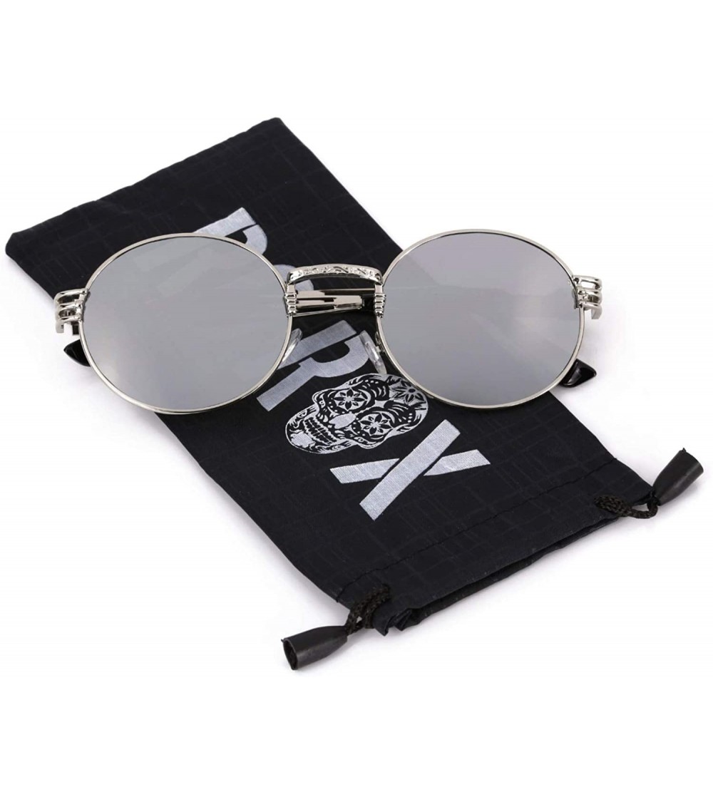 Round Men's Women's Round Retro Steampunk Sunglasses Shades - Mirror Lens- Silver Frame - CM18DAZTMO9 $19.20