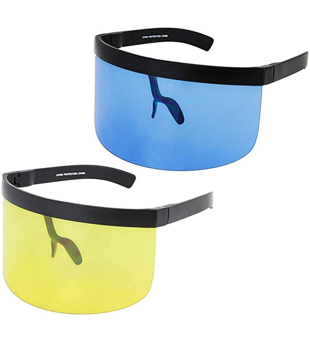 Aviator Futuristic Oversize Shield Visor Sunglasses Flat Top Mirrored Mono Lens 172mm - Blue and Yellow - CZ18IH0YMN8 $44.30