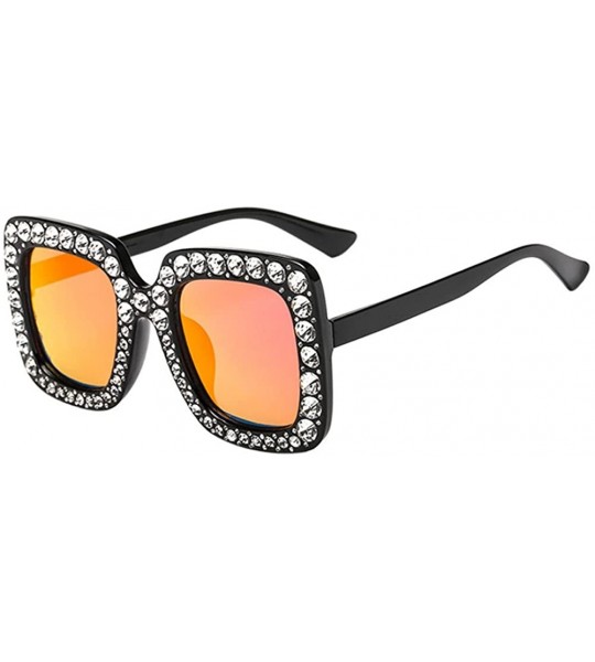 Oversized Women Oversized Square Large Frame Bling Rhinestone Vintage Sunglasses - Black Frame & Red Lens - C618CX0I4N7 $24.67