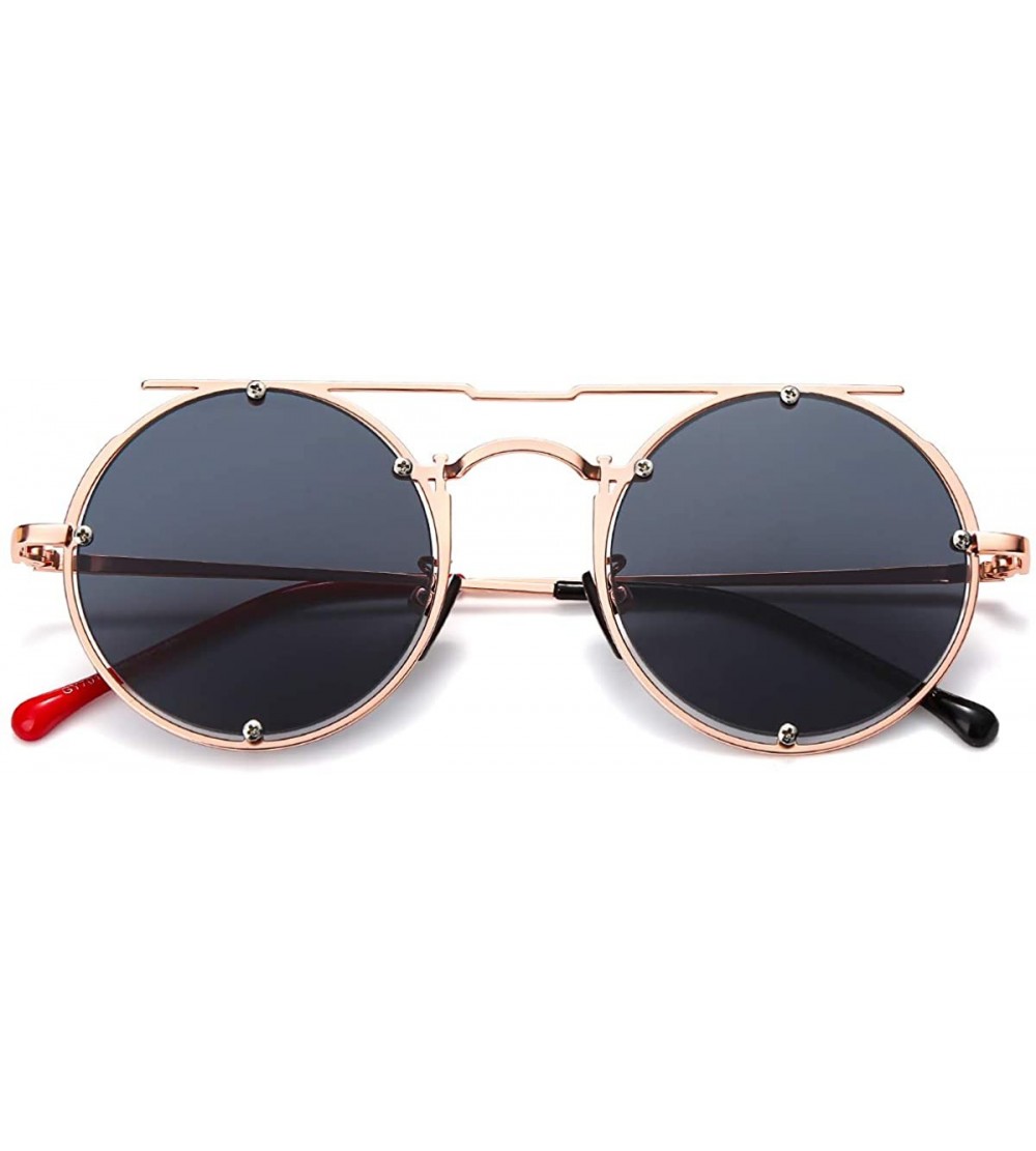 Round Retro Round Sunglasses Frame Fashion Mirrored Driving Steampunk Rivet Style UV400 - Gray-rose Gold - CZ196ELANGY $17.90