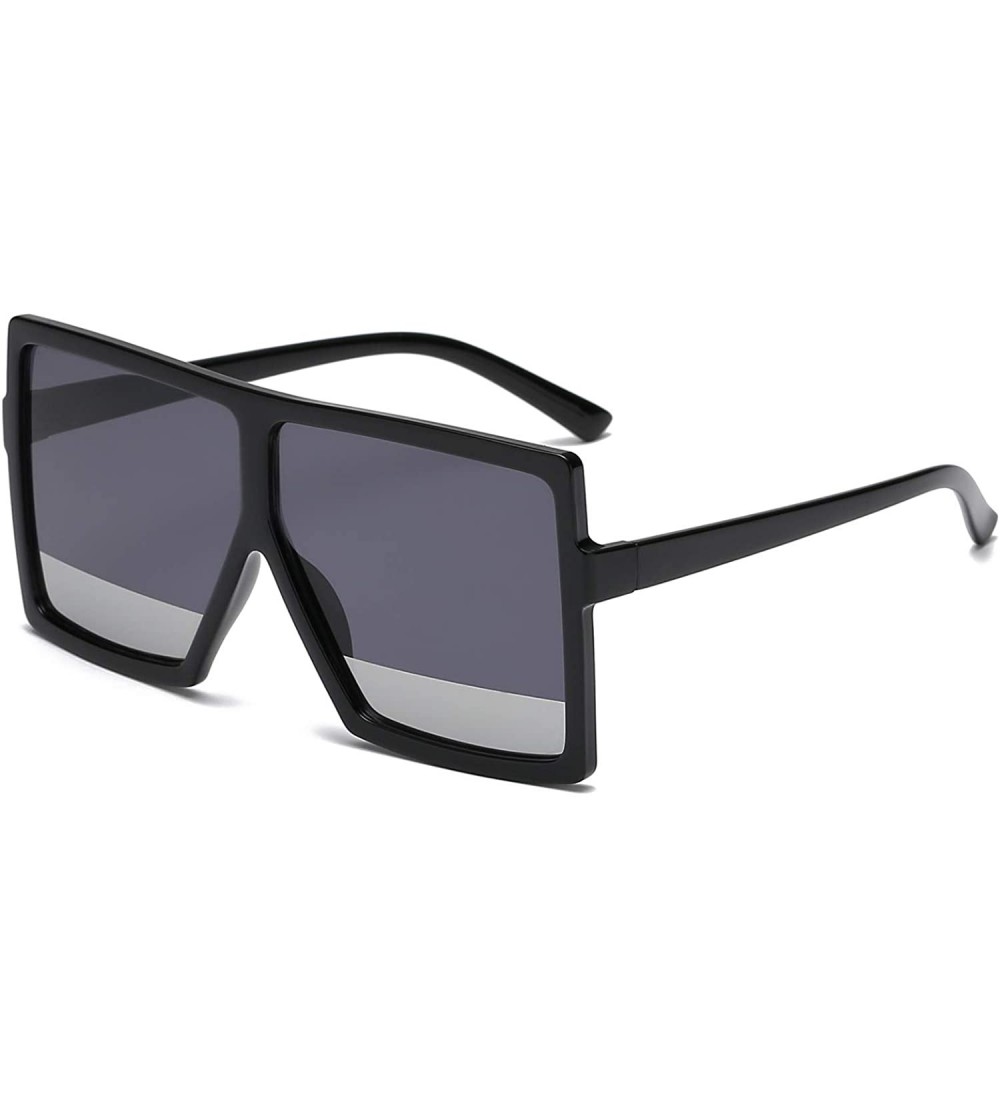 Wrap Square Oversized Sunglasses for Women Men Flat Top Fashion Shades - Black Frame- Black Silver Lens - CR18SU5MY7Y $21.26