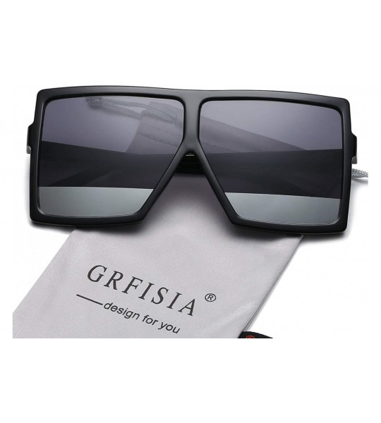 Wrap Square Oversized Sunglasses for Women Men Flat Top Fashion Shades - Black Frame- Black Silver Lens - CR18SU5MY7Y $21.26