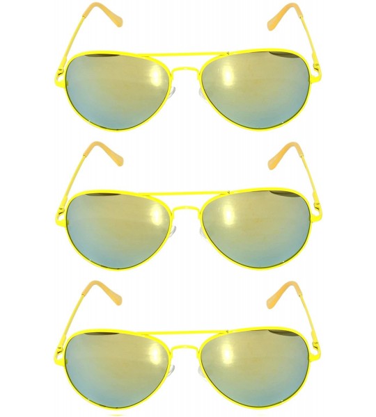 Oval Set of 3 Pairs Aviator Style Sunglasses Colored Metal Frame Spring Hinges - Mirror_lens_yellow_frame_3_pairs - CE17YW9KH...