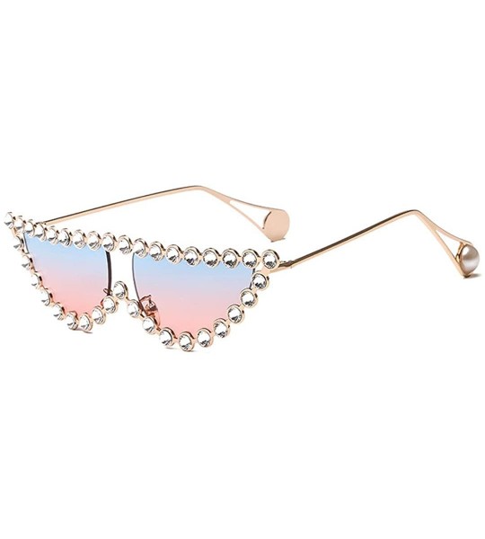 Round Sparkling Crystal Cat Eye Sunglasses UV Protection Rhinestone Sunglasses - Gold Frame Blue Pink Lens - CP18SIKKIL2 $30.32