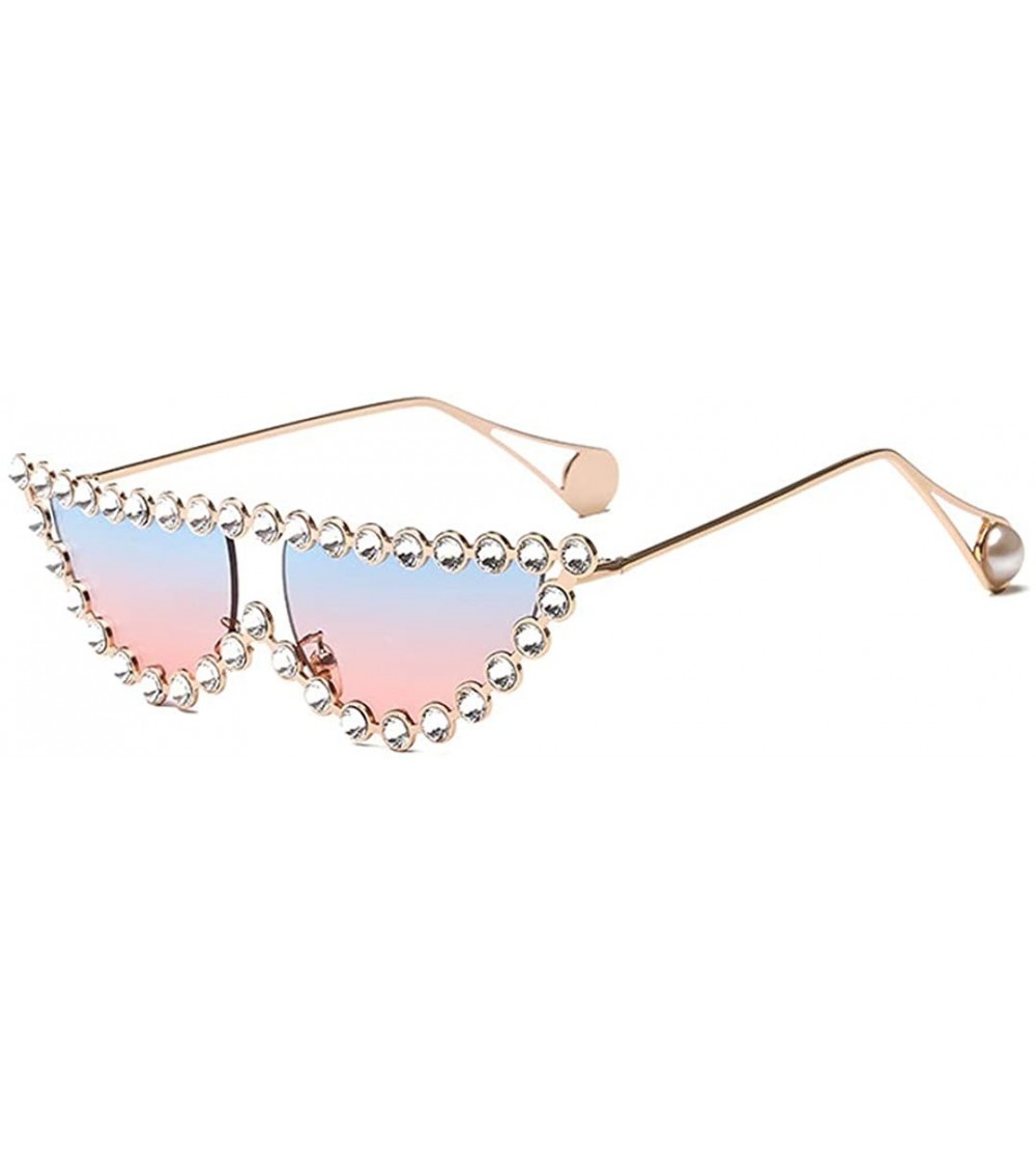 Round Sparkling Crystal Cat Eye Sunglasses UV Protection Rhinestone Sunglasses - Gold Frame Blue Pink Lens - CP18SIKKIL2 $30.32