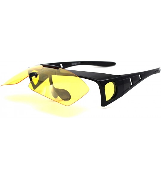 Oversized Polarized Mens Flip Up Shield Night Driving Lens Fit Over Sunglasses - Shiny Black Yellow - CL193YLT2ES $26.60