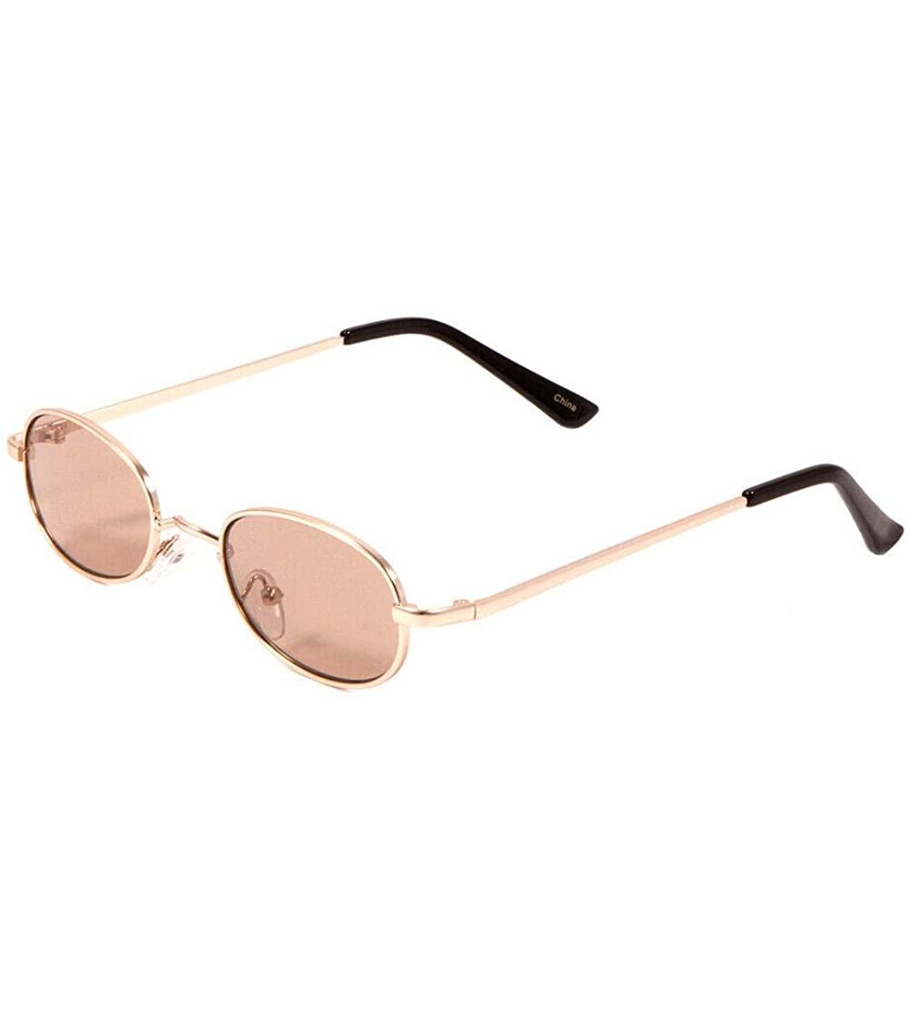 Rimless Slim Metal Small Oval Classic Round Sunglasses - Gold Metallic & Black Frame - Brown Lenses - CA18UTGO4XC $19.58