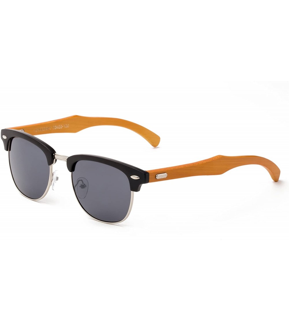 Round "Copter" Vintage Design Fashion Sunglasses Real Bamboo - Matte Black/Silver - CI12M1OCM1J $23.42