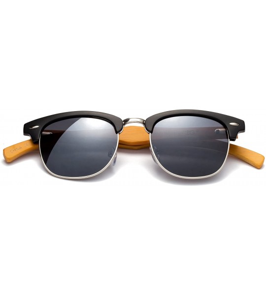 Round "Copter" Vintage Design Fashion Sunglasses Real Bamboo - Matte Black/Silver - CI12M1OCM1J $23.42