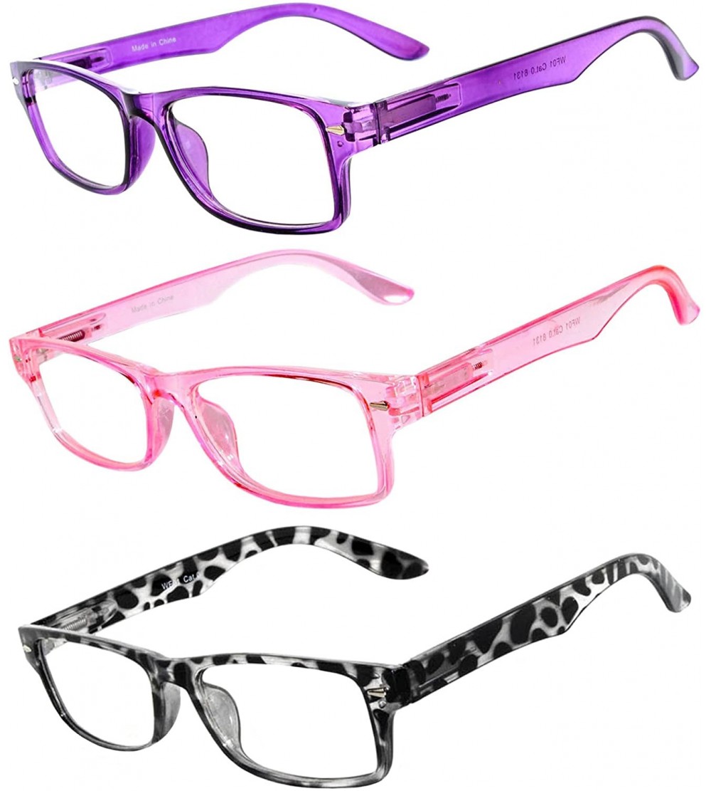 Rectangular Set of 3 Pairs Fashion Narrow Rectangular Colorful Frame Clear Lens Sunglasses - Purple_pink_leopard - C3182ALKHZ...
