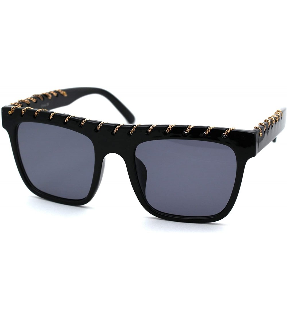 Rectangular Womens Thin Metal Chain Weave Trim Plastic Horn Rim Sunglasses - Black Solid Black - C518UK3A55K $25.85