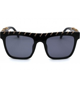 Rectangular Womens Thin Metal Chain Weave Trim Plastic Horn Rim Sunglasses - Black Solid Black - C518UK3A55K $25.85