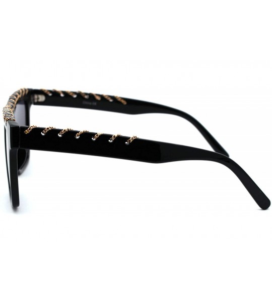 Rectangular Womens Thin Metal Chain Weave Trim Plastic Horn Rim Sunglasses - Black Solid Black - C518UK3A55K $25.85