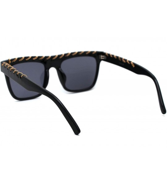 Rectangular Womens Thin Metal Chain Weave Trim Plastic Horn Rim Sunglasses - Black Solid Black - C518UK3A55K $25.85