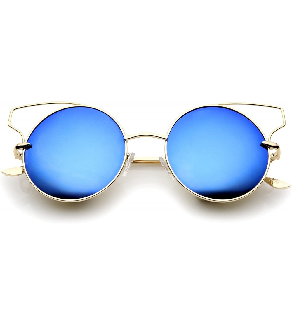 Cat Eye Women's Full Metal Open Design Mirrored Lens Round Cat Eye Sunglasses 55mm - Gold / Blue Mirror - CL12J346SID $19.89