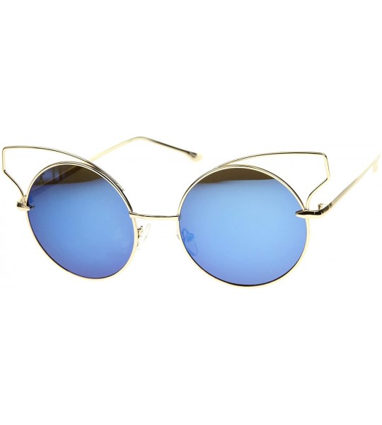 Cat Eye Women's Full Metal Open Design Mirrored Lens Round Cat Eye Sunglasses 55mm - Gold / Blue Mirror - CL12J346SID $19.89