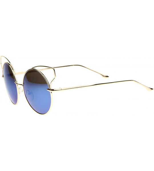 Cat Eye Women's Full Metal Open Design Mirrored Lens Round Cat Eye Sunglasses 55mm - Gold / Blue Mirror - CL12J346SID $19.89