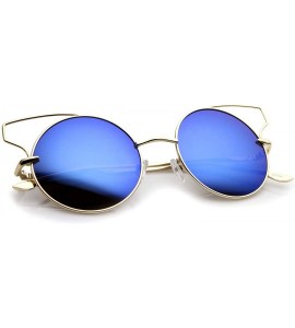 Cat Eye Women's Full Metal Open Design Mirrored Lens Round Cat Eye Sunglasses 55mm - Gold / Blue Mirror - CL12J346SID $19.89