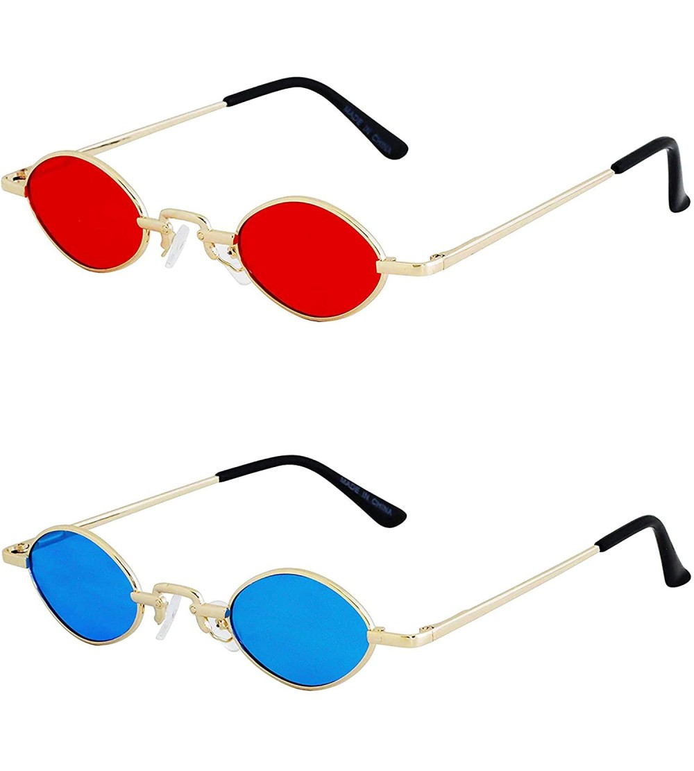 Oval Vintage Slender Oval Sunglasses Small Metal Frame Candy Colors - 2 Pack Red and Blue - CW19840GN3U $27.65