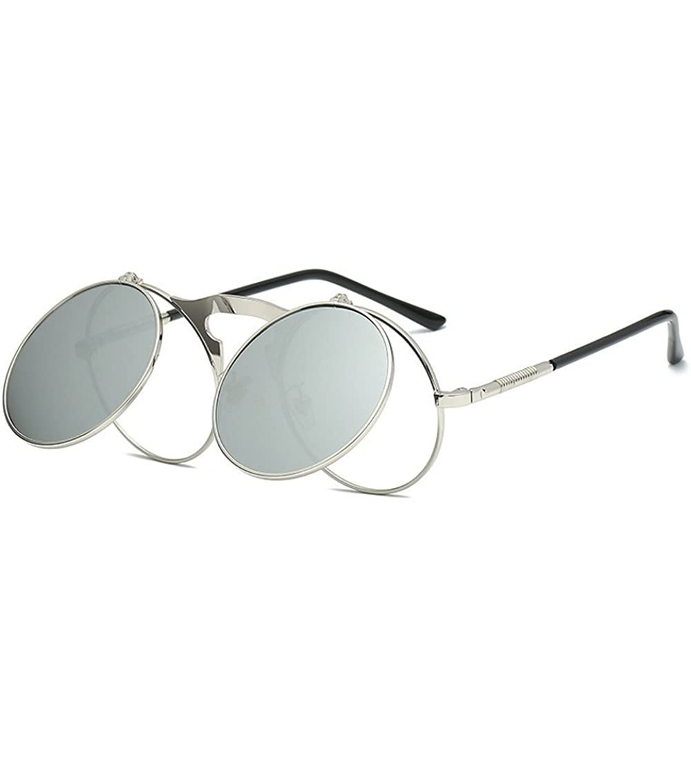 Round punk Vintage Round Flip Up Womens Mens Polarized Driving Sunglasses - Silver - CY18CLTZU2S $24.41