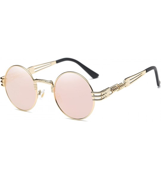 Round Round Steampunk Sunglasses Vintage Metal Frame Glasses for Men And Women 42mm Mirrored Lens Pink - CS182Y9ZKOR $22.79