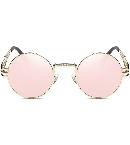 Round Round Steampunk Sunglasses Vintage Metal Frame Glasses for Men And Women 42mm Mirrored Lens Pink - CS182Y9ZKOR $22.79