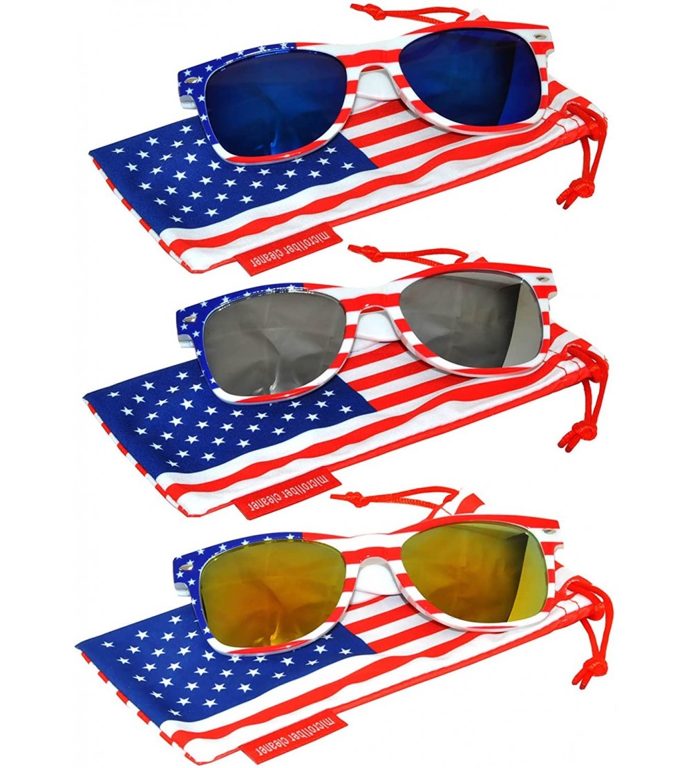 Rectangular Set of 3 Pairs Classic American Patriot Flag Sunglasses USA Colored Mirror Smoke Lens - CV12OCPUVZP $28.35