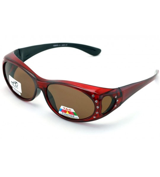 Shield Womens Polarized Fit Over Glasses Sunglasses Rhinestone Rectangular Frame Temple Heart 60mm - Red - CW18D87EKX6 $22.72