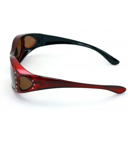 Shield Womens Polarized Fit Over Glasses Sunglasses Rhinestone Rectangular Frame Temple Heart 60mm - Red - CW18D87EKX6 $22.72