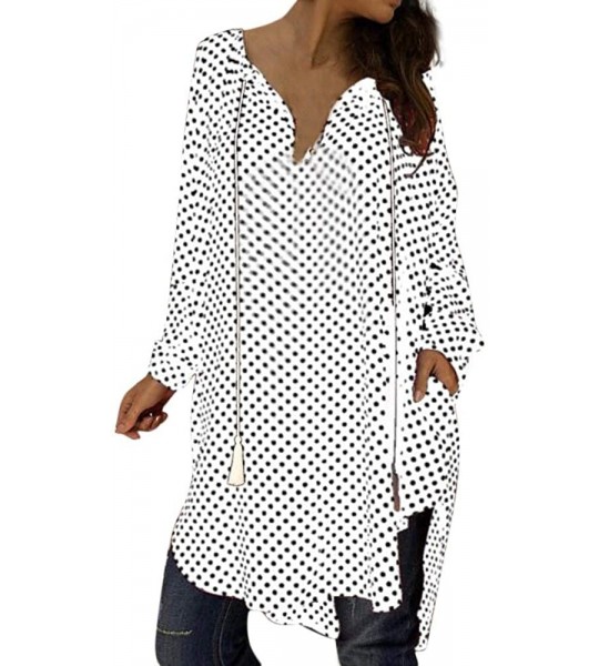 Wrap Women Sexy Polka Dot Print Loose Long Sleeves V-Neck Evening Party Mini Dress - White - C718TUG3AC7 $27.22