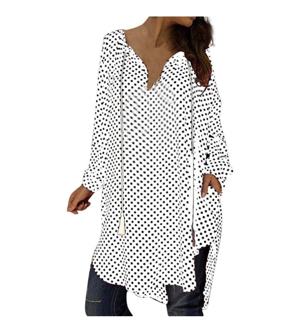 Wrap Women Sexy Polka Dot Print Loose Long Sleeves V-Neck Evening Party Mini Dress - White - C718TUG3AC7 $27.22