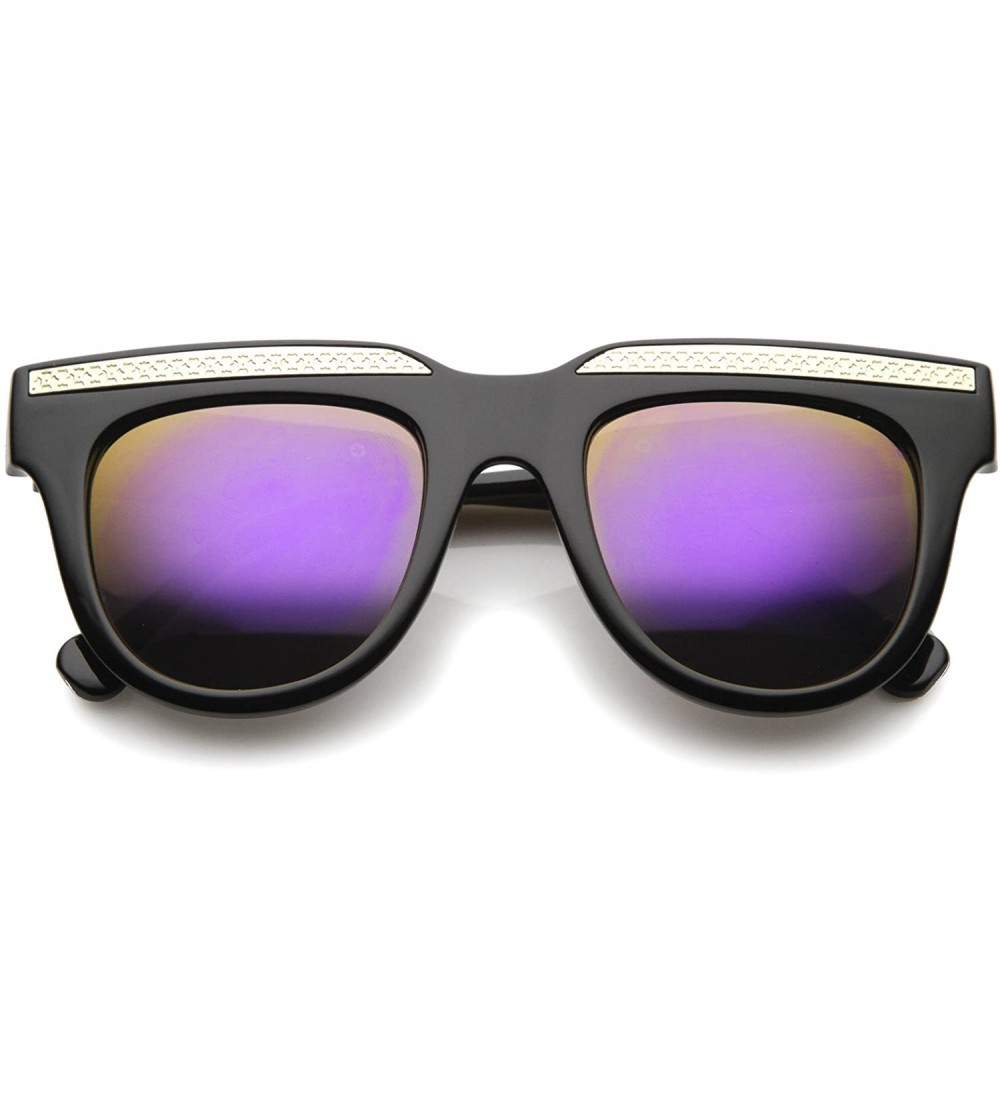 Square Retro Metal Accent Color Mirror Lens Horn Rimmed Oversize Sunglasses 50mm - Black-gold / Purple Orange Mirror - CG12IG...